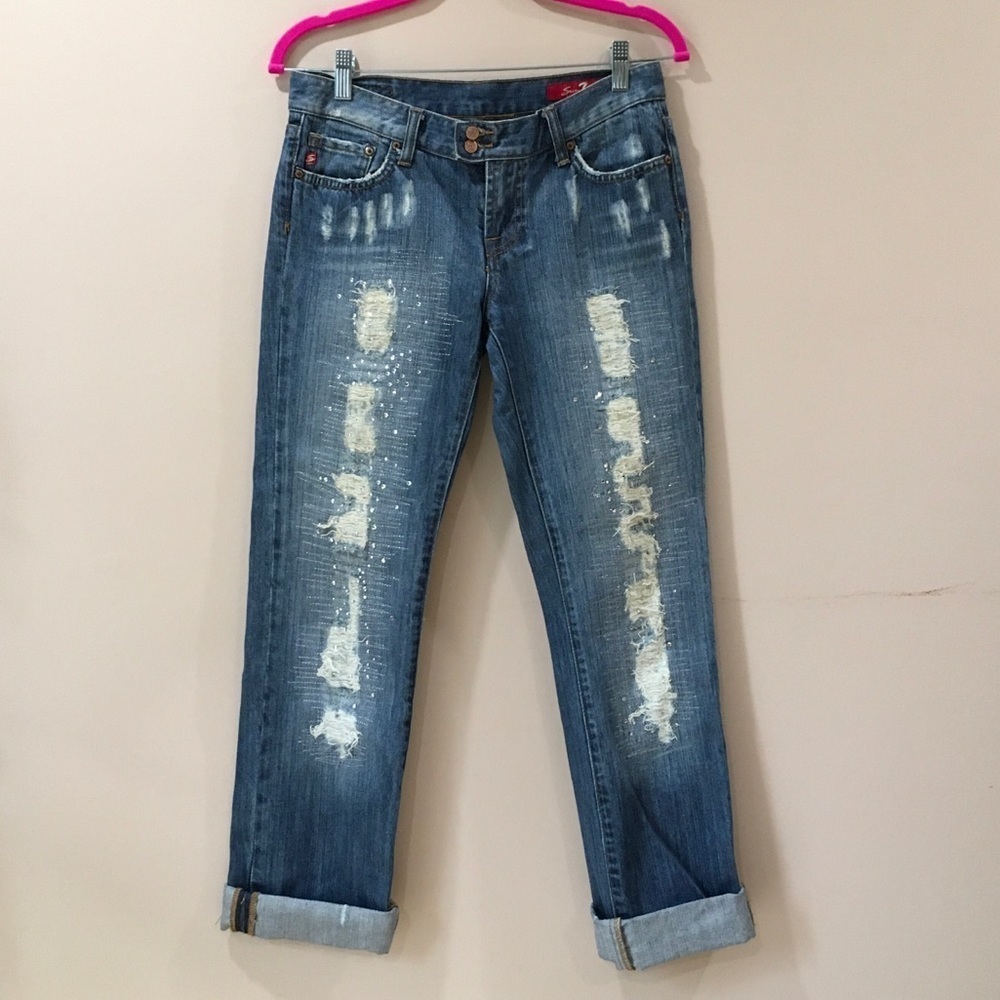 7 seven jewel embellished ankle denim jeans blue